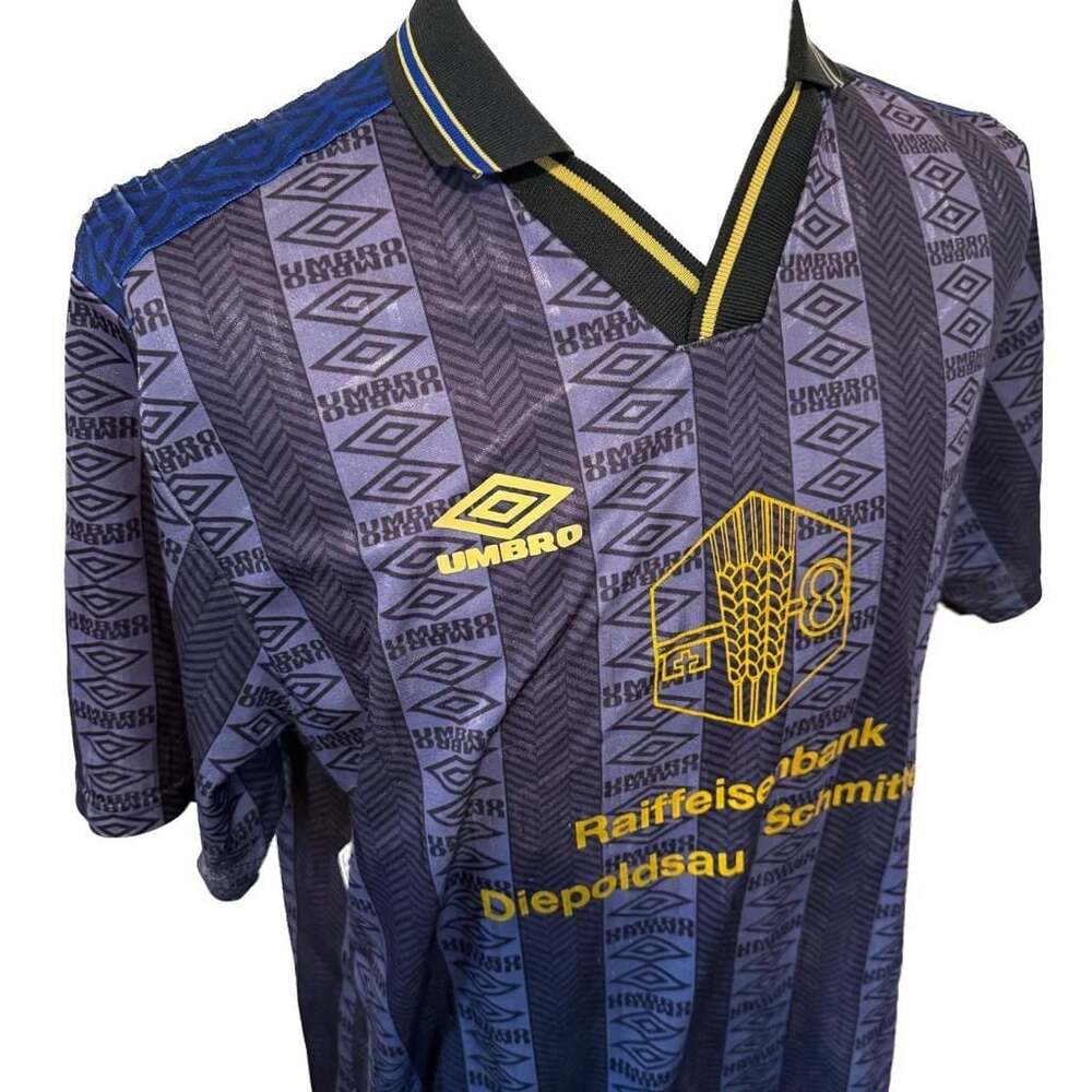 Vintage Umbro Raiffeisenbank Diepoldsau-Schmitter Swiss Soccer Jersey Navy - Picture 2 of 5